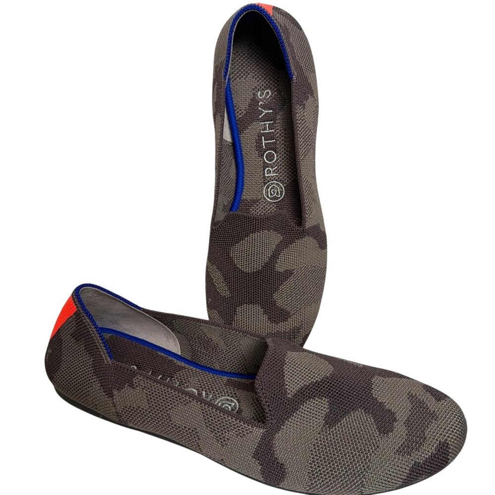 Rothy's The Loafer Camo Knit Flats Gray Blue Trim Washable Shoes Women's 9 NWOB